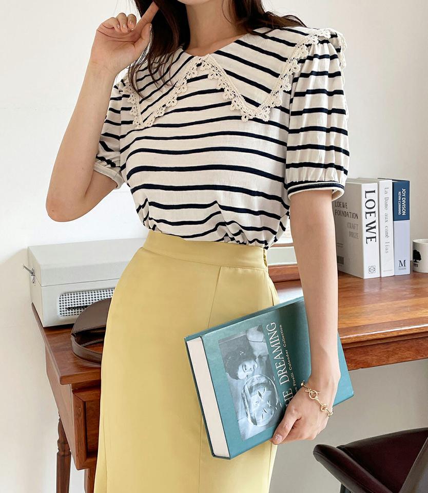 ビッグカラーボーダーTシャツ・全3色・b00777 レディース 【tops】トップス Tシャツ 半袖 ハーフスリーブ ボーダー柄 大きい襟 ガーリー かわいい 可愛い カジュアル ボーダーT レース スカラップ ラウンドネック 赤 春 夏 韓国ファッション
