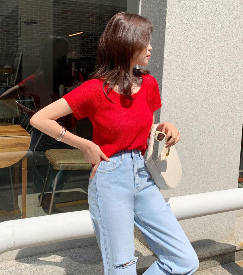 ラグラン半袖ニット・全7色・t00776 レディース 【tops】トップス ニット 半袖 ラウンドネック 単色 無地 シンプル カジュアル ラグランスリーブ クロップド丈 赤 レッド 春 夏 韓国ファッション