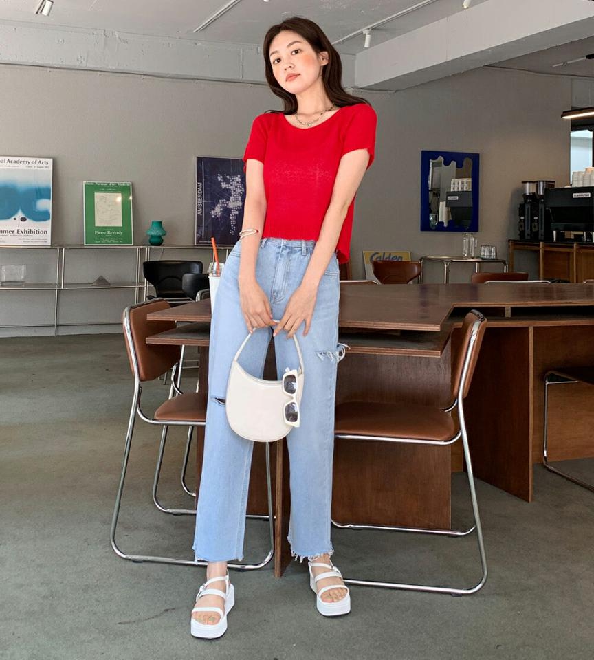 ラグラン半袖ニット・全7色・t00776 レディース 【tops】トップス ニット 半袖 ラウンドネック 単色 無地 シンプル カジュアル ラグランスリーブ クロップド丈 赤 レッド 春 夏 韓国ファッション