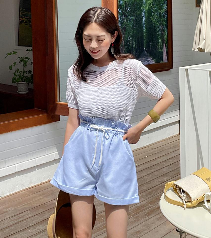 シアー半袖ニット・全4色・t00775 レディース 【tops】トップス ニット 半袖 シアー シースルー 透け感 メッシュ シンプル カジュアル 単色 レイヤード ラフ ラウンドネック クロップド丈 短丈 春 夏 韓国ファッション