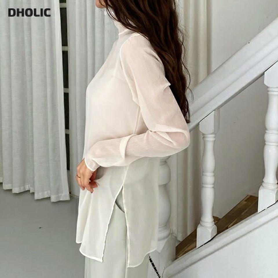 ≪人気商品再入荷≫シアーハイネックブラウス・全3色・e66971 レディース 【bl】トップス ブラウス 長袖 透け感 シアー シースルー ハイネック 単色 無地 シンプル きれいめ 大人 レイヤード スリット 春 夏 秋 韓国ファッション