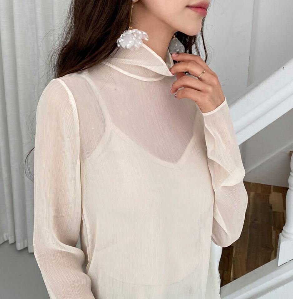 ≪人気商品再入荷≫シアーハイネックブラウス・全3色・e66971 レディース 【bl】トップス ブラウス 長袖 透け感 シアー シースルー ハイネック 単色 無地 シンプル きれいめ 大人 レイヤード スリット 春 夏 秋 韓国ファッション