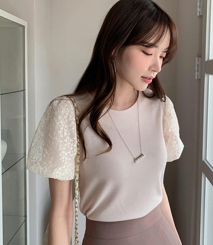 刺繍メッシュスリーブTシャツ・全3色・t71995 レディース 【tops】トップス 半袖 Tシャツ メッシュ 刺繍 柄 模様 異素材 パステル パフスリーブ パフ袖 花柄 春 夏 フェミニン ガーリー 可愛い かわいい 韓国ファッション ハイホリHIHOLLI