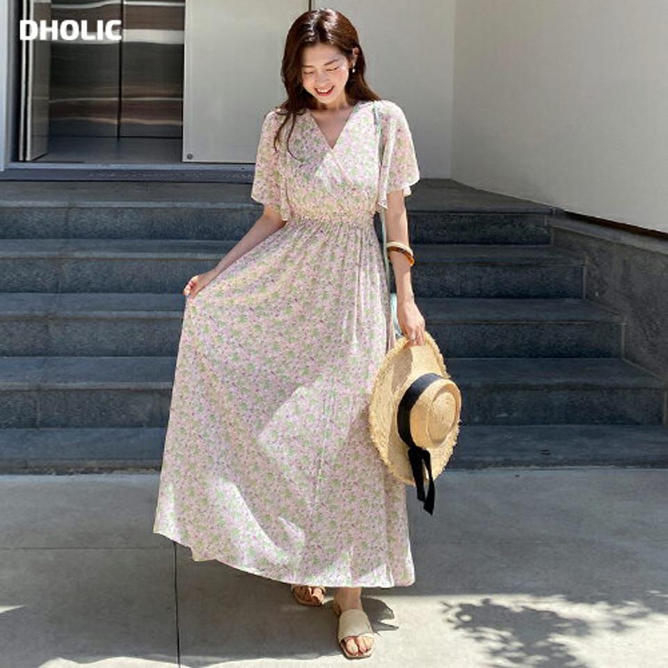 花柄バックリボンシフォンワンピース・全2色・t67773 レディース 【ops】ワンピース ロング丈 ロングワンピース 半袖 りぼん シフォン 花柄 小花柄 フェミニン 大人 上品 ハーフスリーブ シャーリング フレア カシュクール 春 夏 韓国ファッション
