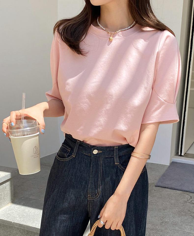 タックスリーブTシャツ・全3色・t67757 レディース 【tops】トップス Tシャツ 半袖 ハーフスリーブ タック 単色 無地 シンプル きれいめ 大人 ラウンドネック 切り替え 二の腕カバー 春 夏 韓国ファッション