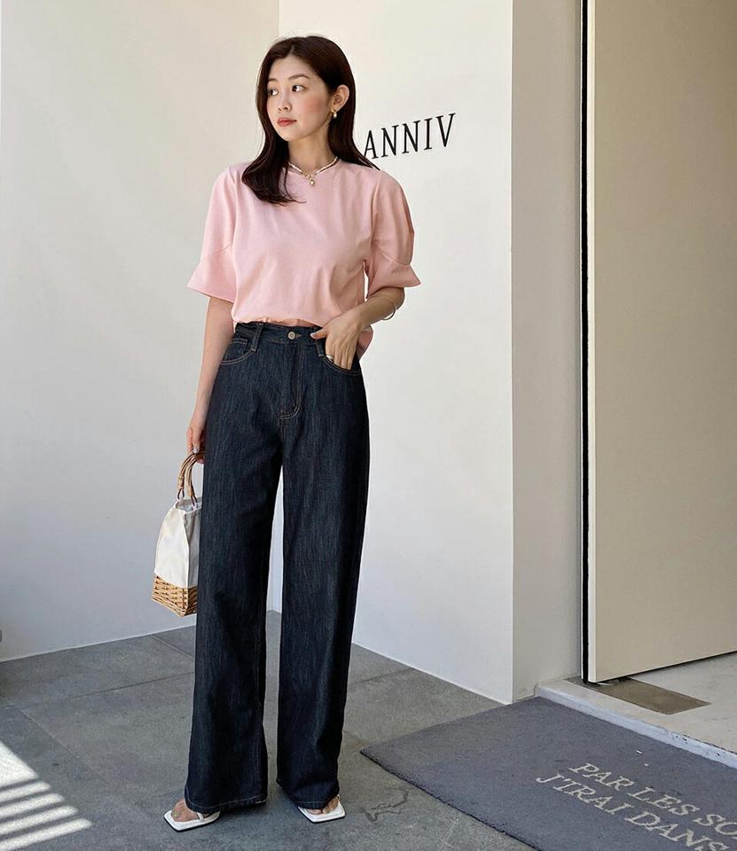 タックスリーブTシャツ・全3色・t67757 レディース 【tops】トップス Tシャツ 半袖 ハーフスリーブ タック 単色 無地 シンプル きれいめ 大人 ラウンドネック 切り替え 二の腕カバー 春 夏 韓国ファッション