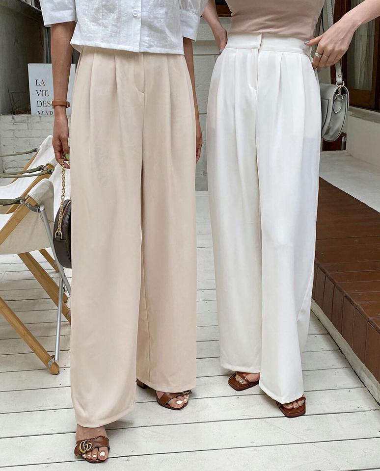 ワイドツータックスラックス・全3色・t67876 レディース 【pt】スラックス パンツ ズボン ロングパンツ タック ワイドパンツ 単色 無地 シンプル ベーシック 大人 きれいめ オフィスカジュアル ハイウエスト 会社 春 夏 韓国ファッション