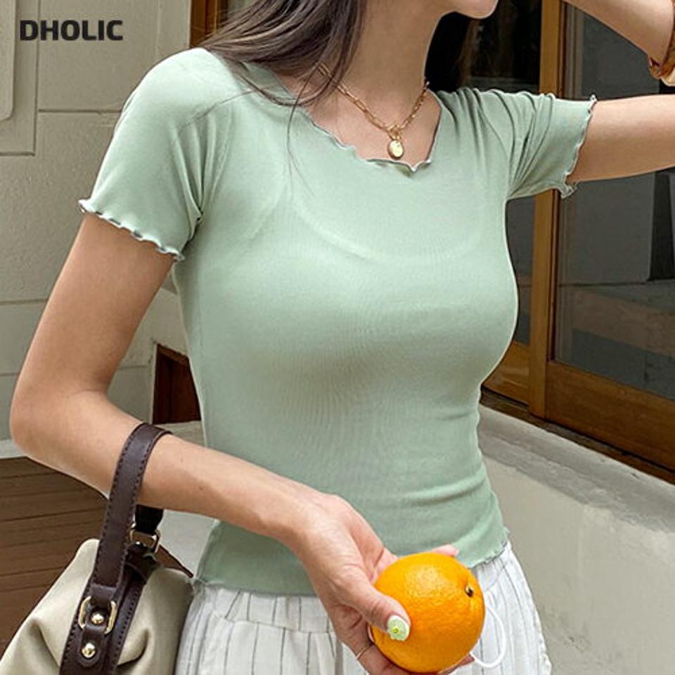 メロウヘムリブ半袖Tシャツ・全4色・t67755 レディース 【tops】トップス Tシャツ 半袖 メロウ リブトップス 単色 無地 シンプル カジュアル 大人 クロップド丈 タイト パステル 春 夏 韓国ファッション