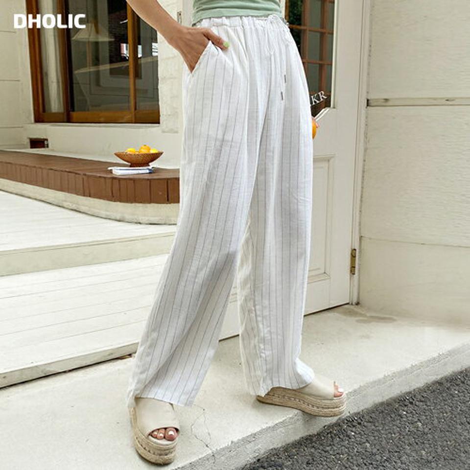 リネン混ピンストライプストレートパンツ・全3色・t67787 レディース 【pt】パンツ ズボン ロングパンツ ストレート ウエストゴム ストライプ柄 リネン カジュアル ラフ ワイドパンツ 爽やか ハイウエスト フルレングス 春 夏 韓国ファッション