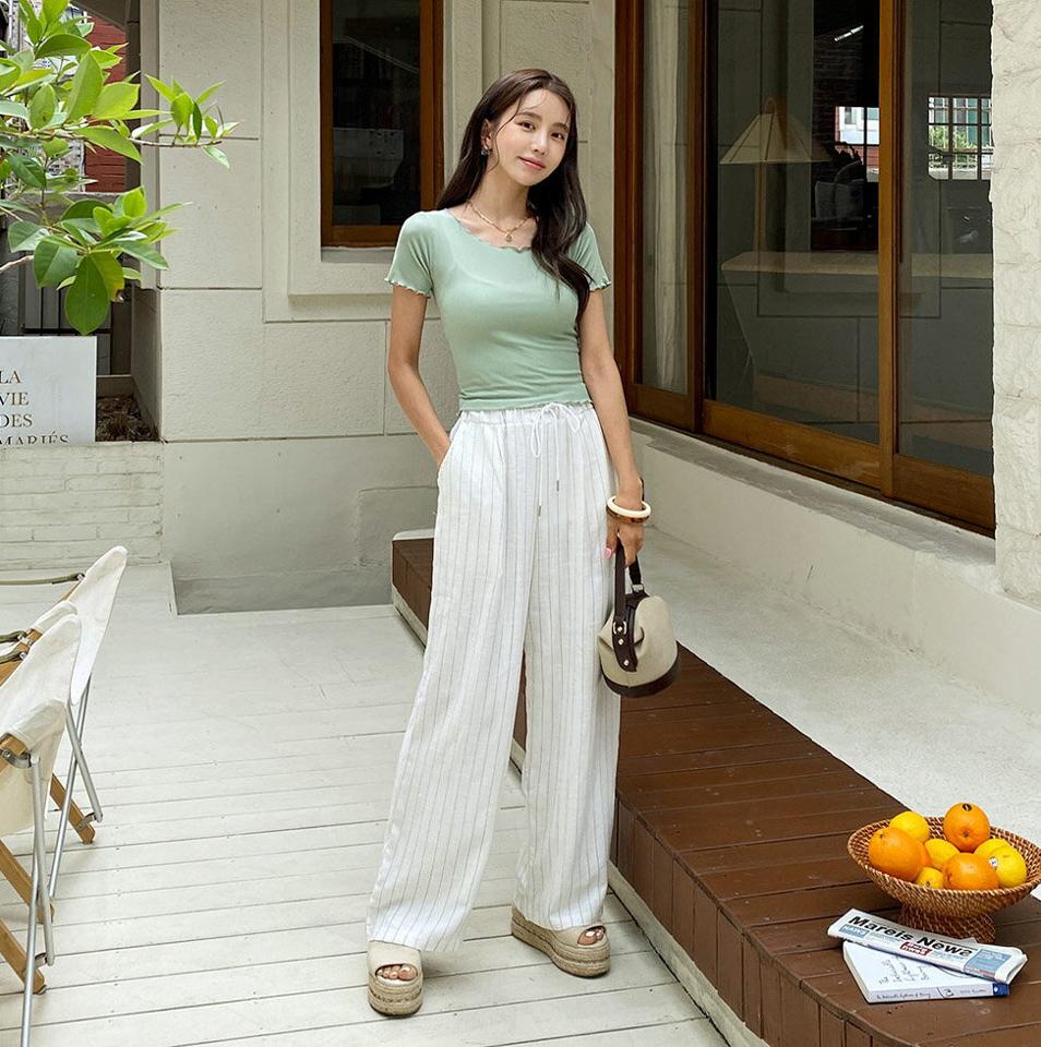 リネン混ピンストライプストレートパンツ・全3色・t67787 レディース 【pt】パンツ ズボン ロングパンツ ストレート ウエストゴム ストライプ柄 リネン カジュアル ラフ ワイドパンツ 爽やか ハイウエスト フルレングス 春 夏 韓国ファッション
