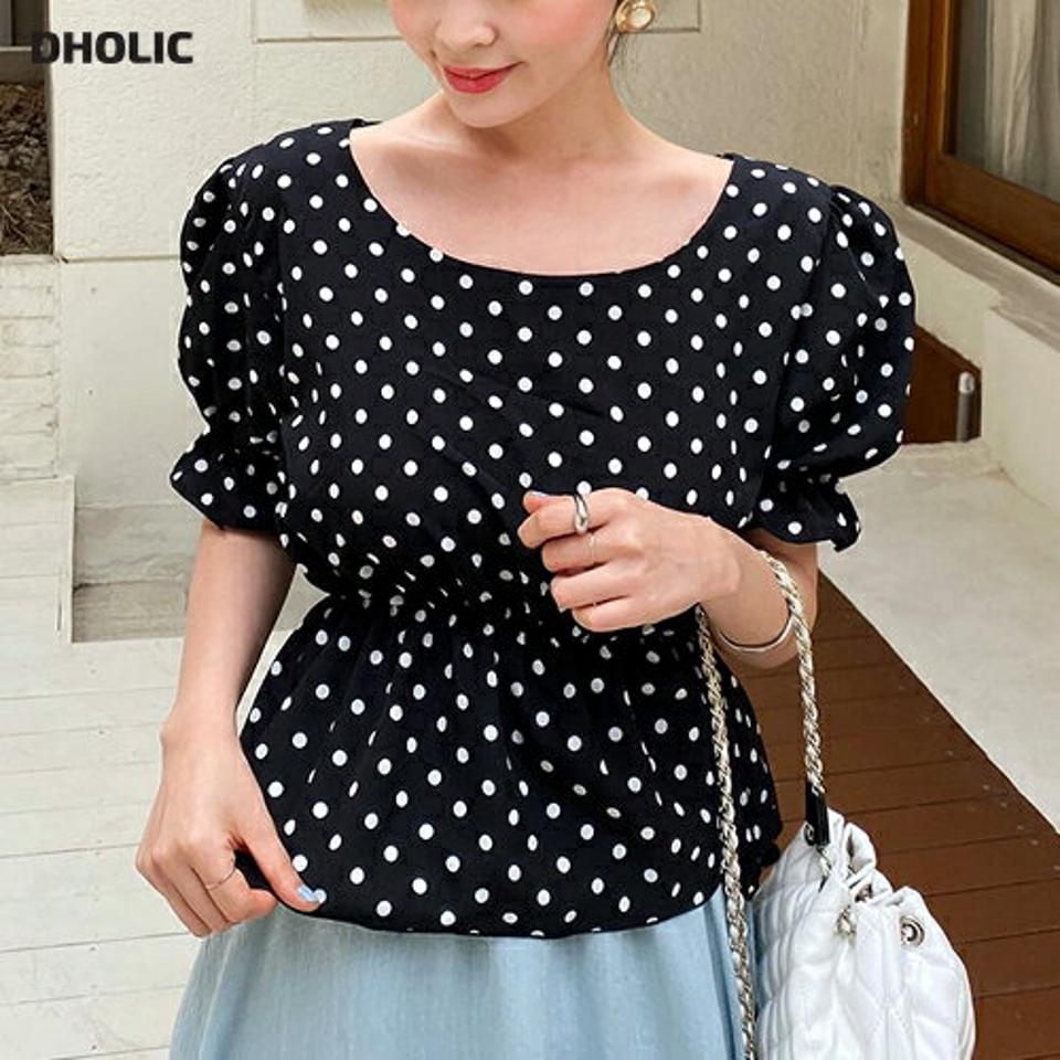 ドットパフブラウス・全3色・t67761 レディース 【bl】トップス ブラウス 半袖 パフスリーブ ドット柄 お腹カバー ガーリー かわいい 可愛い クロップド丈 ウエストゴム ペプラム ラウンドネック デコルテ 鎖骨 春 夏 韓国ファッション