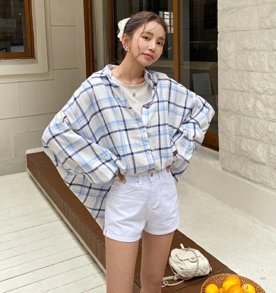 リネン混チェックシャツ・全3色・t67772 レディース 【bl】トップス シャツ 長袖 袖コン ボリューム袖 リネン チェック柄 チェックシャツ カジュアル ラフ 大人 ゆったり オーバーサイズ 春 秋 韓国ファッション