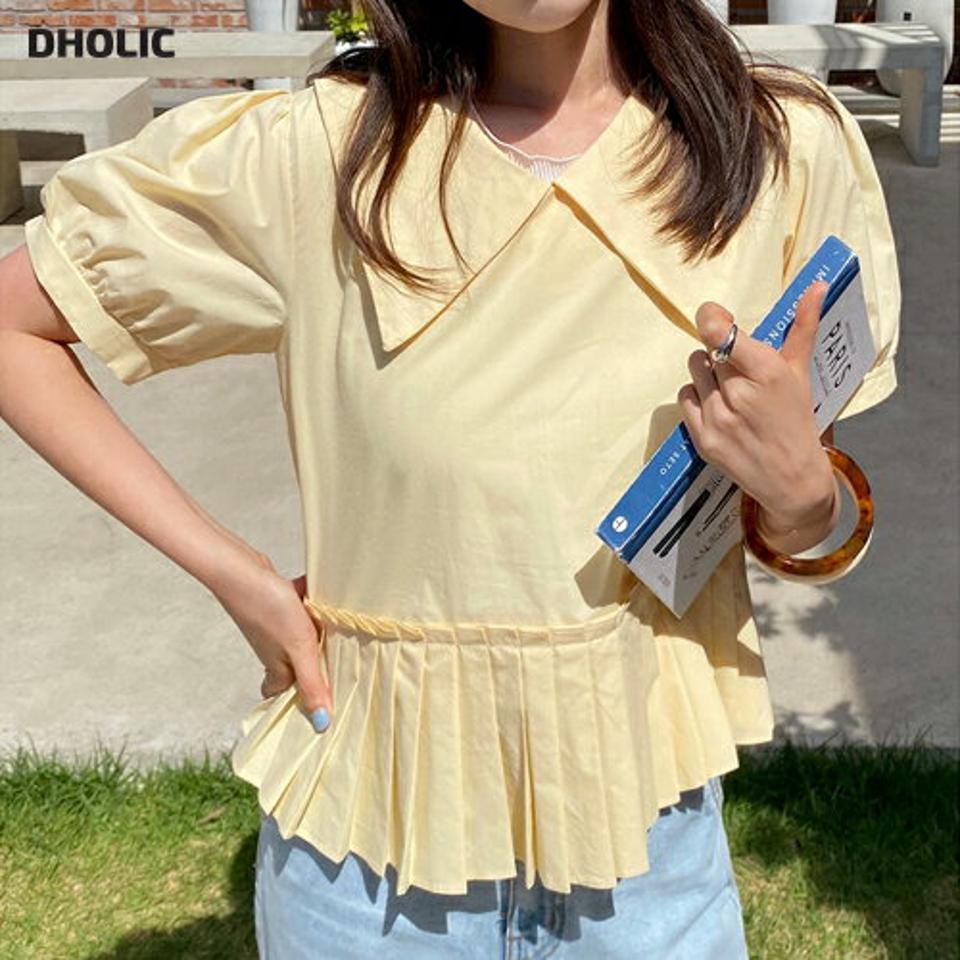 ビッグカラープリーツヘムブラウス・全3色・t67769 レディース 【bl】トップス ブラウス 半袖 大きい襟 襟コン プリーツ ガーリー かわいい 可愛い シンプル 単色 クロップド丈 黄色 パフスリーブ 二の腕カバー パステル 春 夏 韓国ファッション