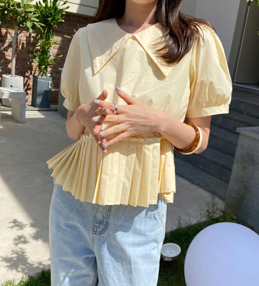 ビッグカラープリーツヘムブラウス・全3色・t67769 レディース 【bl】トップス ブラウス 半袖 大きい襟 襟コン プリーツ ガーリー かわいい 可愛い シンプル 単色 クロップド丈 黄色 パフスリーブ 二の腕カバー パステル 春 夏 韓国ファッション