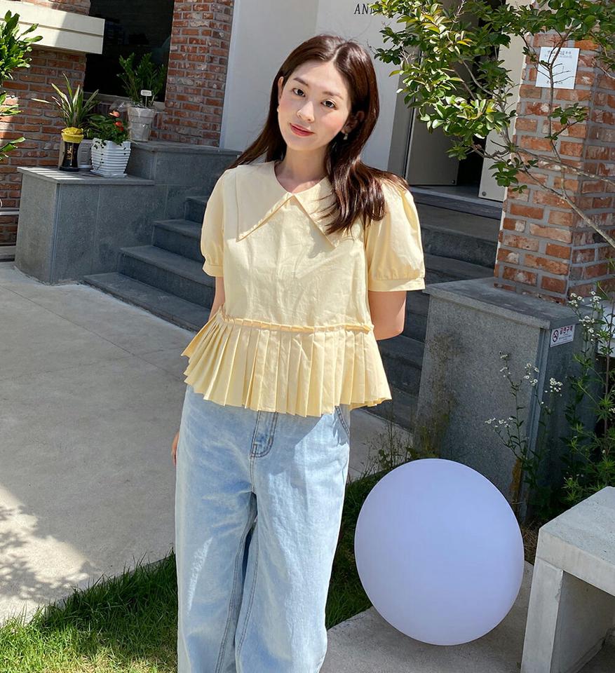 ビッグカラープリーツヘムブラウス・全3色・t67769 レディース 【bl】トップス ブラウス 半袖 大きい襟 襟コン プリーツ ガーリー かわいい 可愛い シンプル 単色 クロップド丈 黄色 パフスリーブ 二の腕カバー パステル 春 夏 韓国ファッション