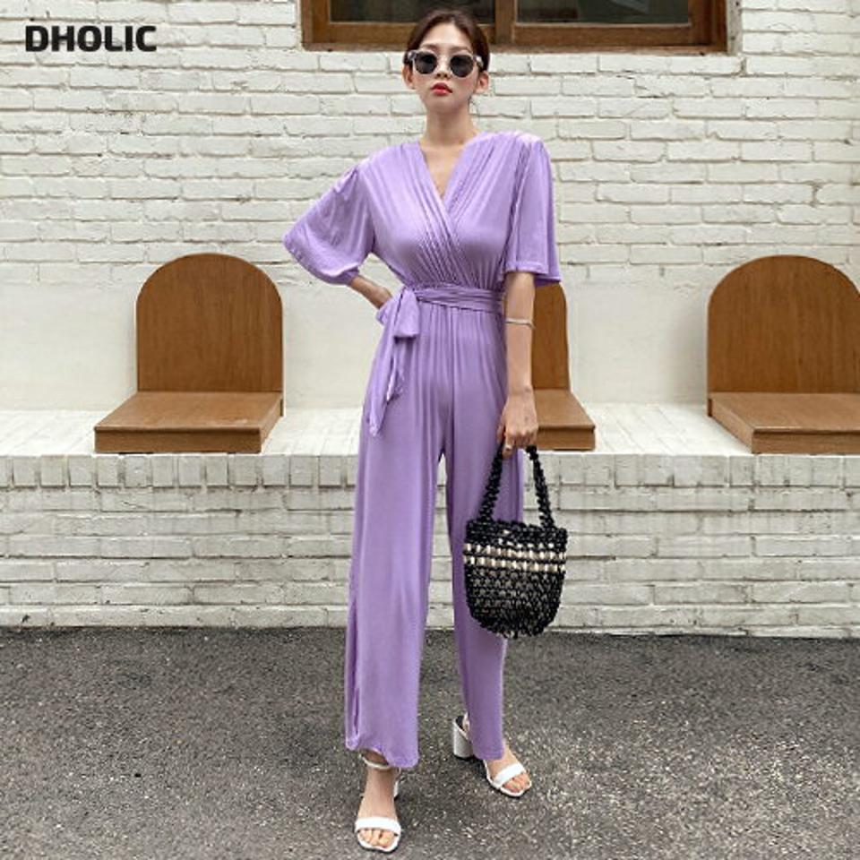 【10%OFF】ストラップ付カシュクールオールインワン・全2色・t67776 レディース 【pt】オールインワン パンツ ズボン ロングパンツ ハーフスリーブ 半袖 二の腕カバー Vネック カシュクール 大人 かわいい 肩パッド ラフ 楽ちん 紫 春 夏 韓国ファッション セール SALE