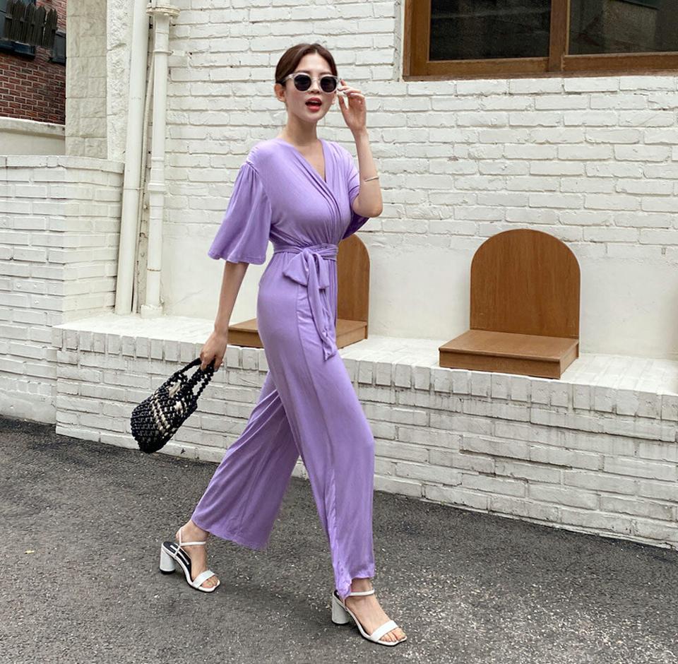 【10%OFF】ストラップ付カシュクールオールインワン・全2色・t67776 レディース 【pt】オールインワン パンツ ズボン ロングパンツ ハーフスリーブ 半袖 二の腕カバー Vネック カシュクール 大人 かわいい 肩パッド ラフ 楽ちん 紫 春 夏 韓国ファッション セール SALE