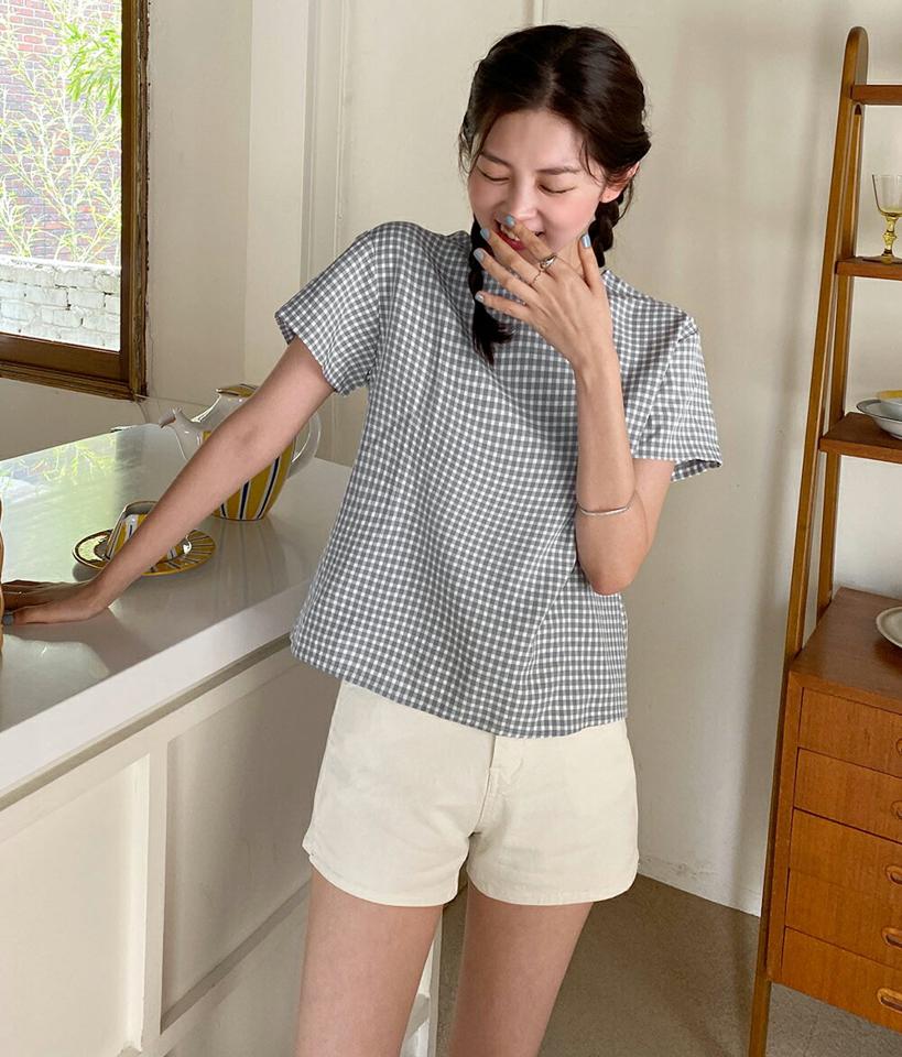 2WAYギンガムチェックリボンブラウス・全3色・b67763 レディース 【bl】トップス ブラウス 半袖 チェック柄 ギンガムチェック バックシャン バックコンシャス ガーリー ラウンドネック Vネック 前後着用自由 春 夏 韓国ファッション