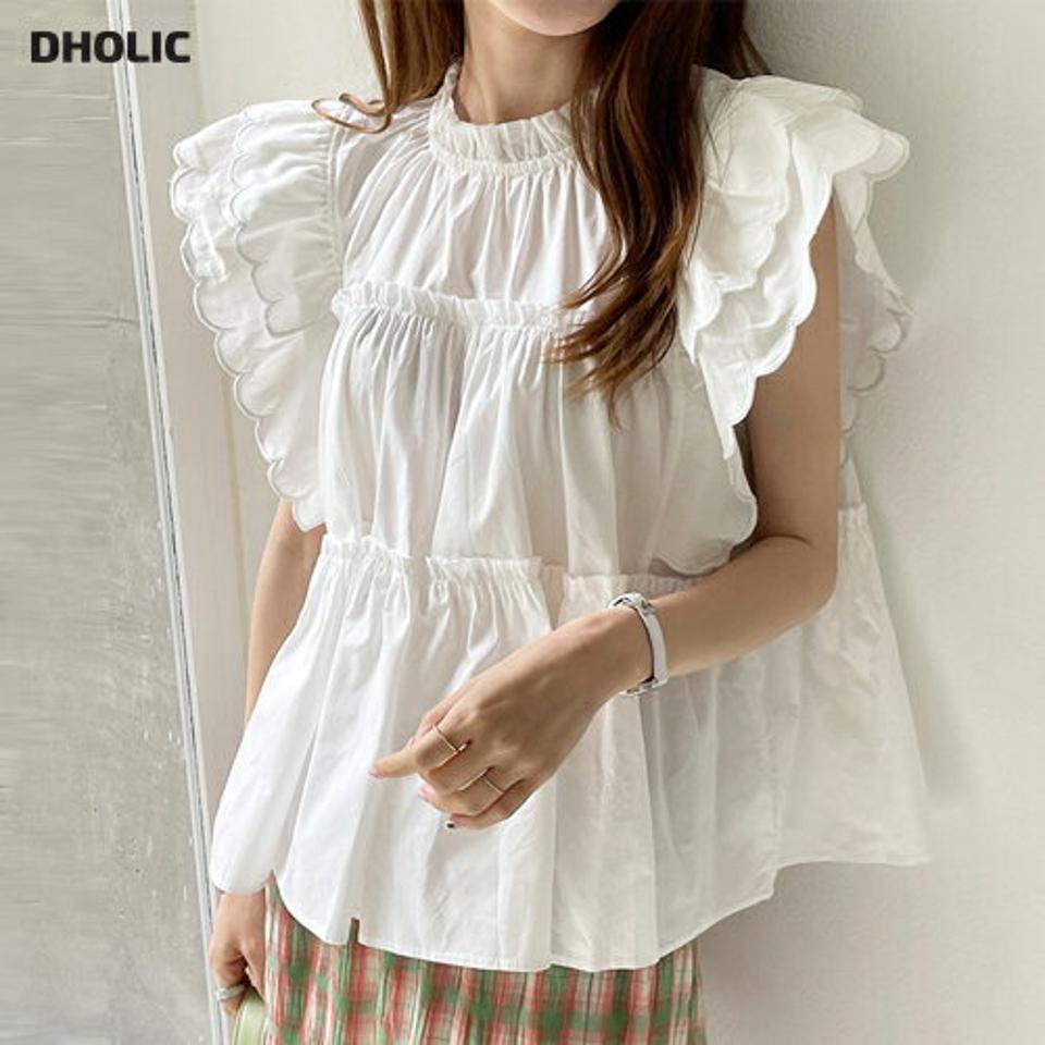 ショルダーフリルコットンブラウス・全1色・t00737 レディース 【bl】ブラウス トップス 単色 半袖 二の腕カバー ショルダーフリル コットン 綿 体型カバー オーバーフィット ギャザー 春 夏 ラブリー フェミニン 韓国ファッション ハイホリHIHOLLI