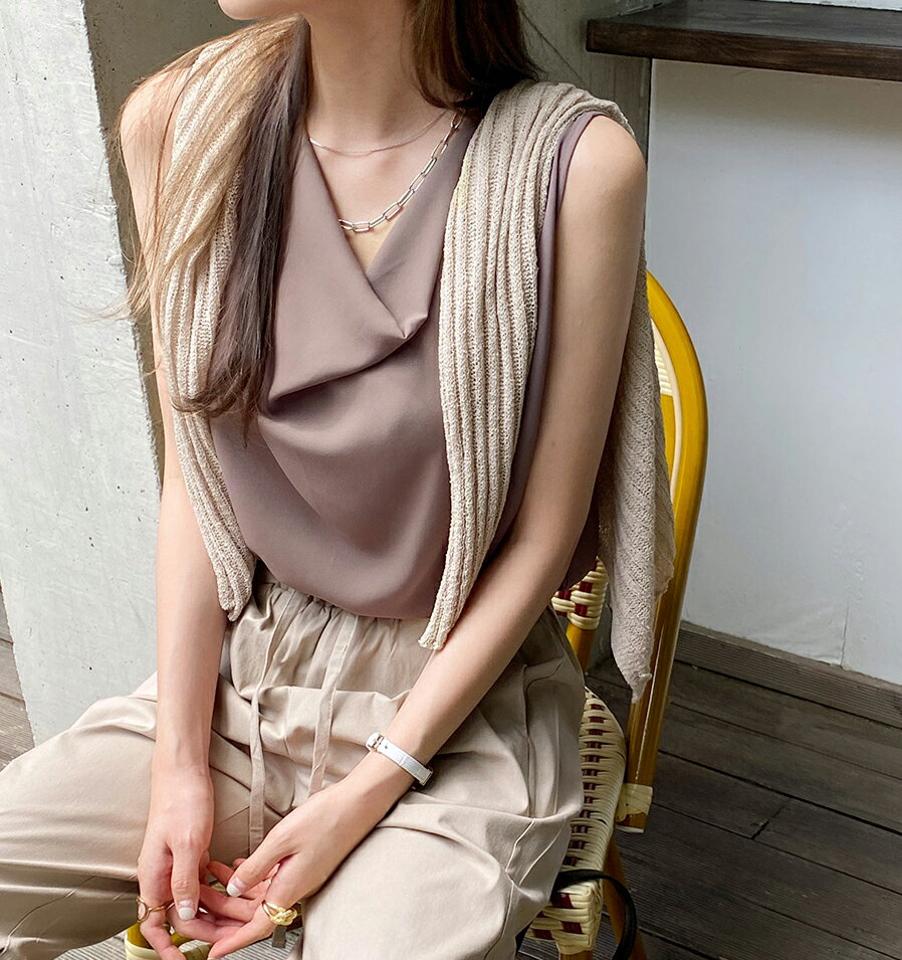 ドレープネックノースリーブ・全6色・b00702 レディース 【tops】トップス ノースリーブ スリーブレス 単色 無地 シンプル ベーシック ドレープネック 鎖骨 デコルテ ユニーク 春 夏 大人っぽ 韓国ファッション ハイホリHIHOLLI