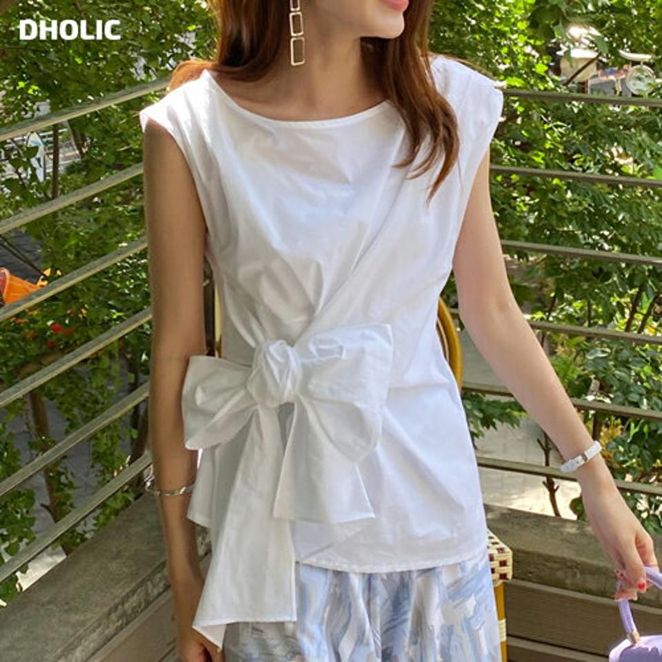 アンバランスリボンノースリーブ・t00703 レディース 【bl】ブラウス トップス 単色 無地 シンプル ユニーク りぼん リボン 綿 コットン 異素材 フレンチスリーブ 春 夏 フェミニン かわいい 可愛い 韓国ファッション ハイホリHIHOLLI