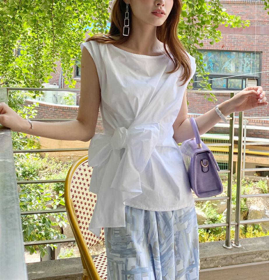 アンバランスリボンノースリーブ・t00703 レディース 【bl】ブラウス トップス 単色 無地 シンプル ユニーク りぼん リボン 綿 コットン 異素材 フレンチスリーブ 春 夏 フェミニン かわいい 可愛い 韓国ファッション ハイホリHIHOLLI