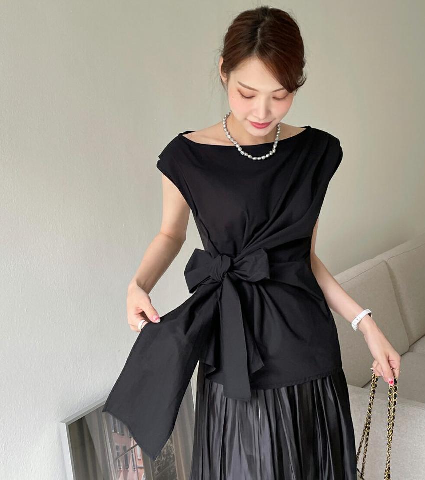 アンバランスリボンノースリーブ・t00703 レディース 【bl】ブラウス トップス 単色 無地 シンプル ユニーク りぼん リボン 綿 コットン 異素材 フレンチスリーブ 春 夏 フェミニン かわいい 可愛い 韓国ファッション ハイホリHIHOLLI