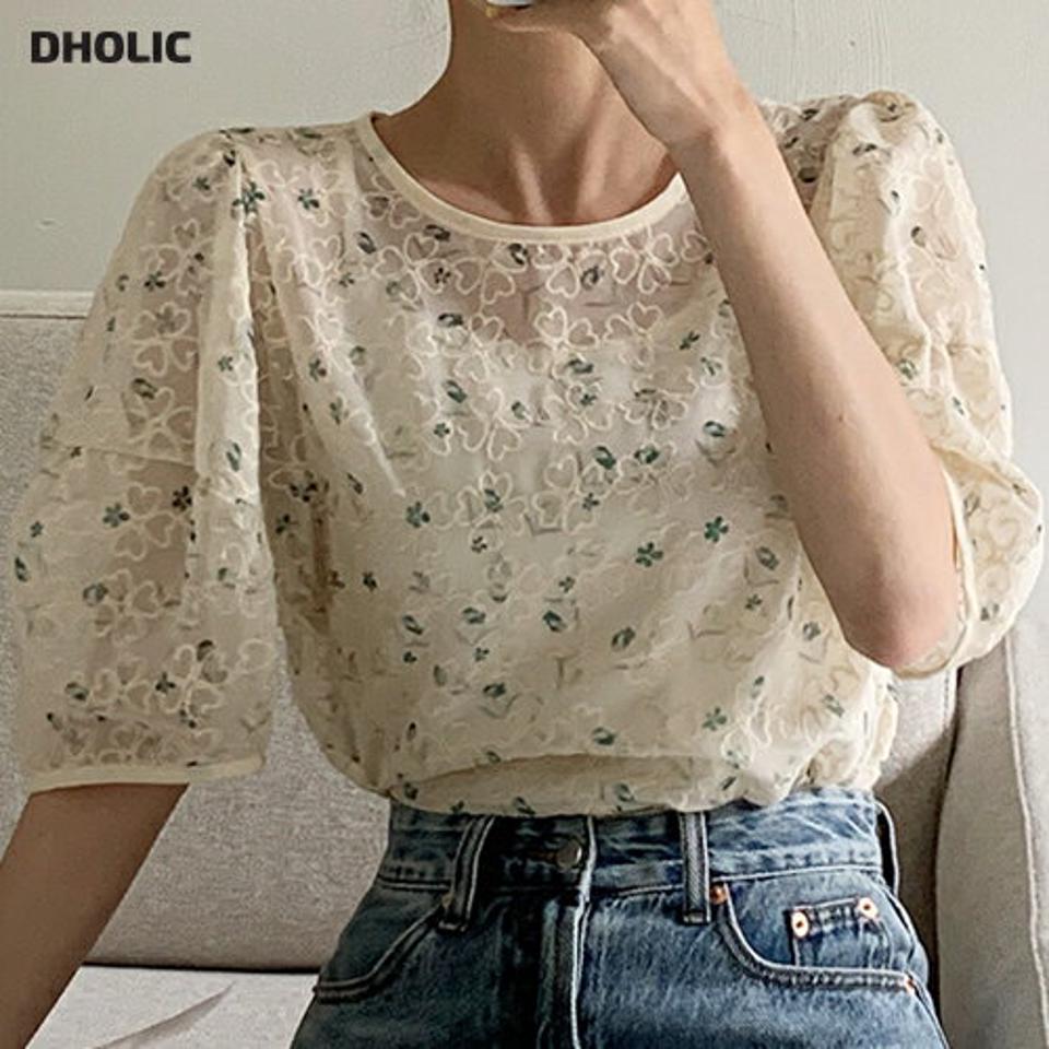 2TYPEパターン刺繍シアーブラウス・全2色・b00705 レディース 【bl】ブラウス トップス 半袖 柄 模様 刺繍 シアー シースルー 透け感 二の腕カバー 花柄 フラワー 春 夏 パフ袖 パフスリーブ フェミニン ガーリー 韓国ファッション ハイホリHIHOLLI