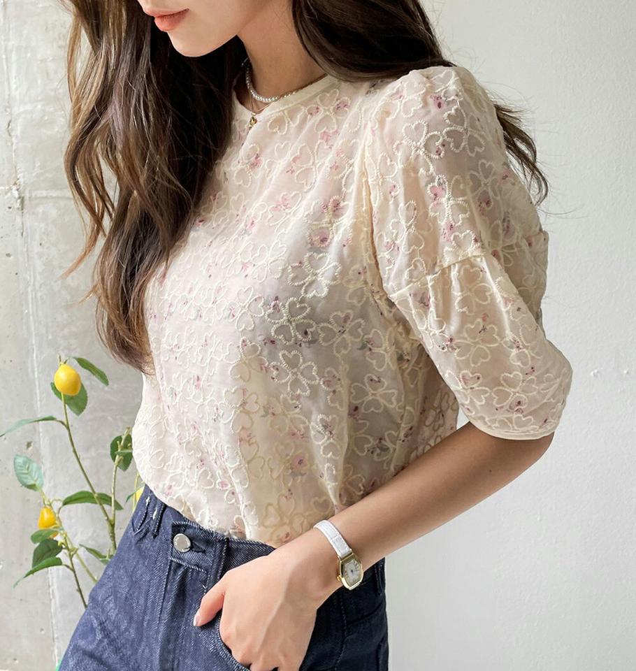 2TYPEパターン刺繍シアーブラウス・全2色・b00705 レディース 【bl】ブラウス トップス 半袖 柄 模様 刺繍 シアー シースルー 透け感 二の腕カバー 花柄 フラワー 春 夏 パフ袖 パフスリーブ フェミニン ガーリー 韓国ファッション ハイホリHIHOLLI