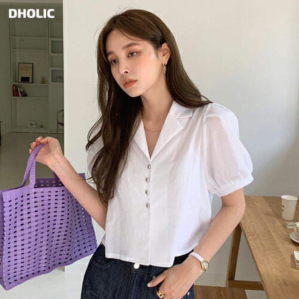 オープンカラーボタンブラウス・全4色・t00706 レディース 【bl】ブラウス トップス 半袖 単色 ボタン パフスリーブ パフ袖 二の腕カバー 襟 ボタン Vネック 鎖骨 デコルテ クロップド丈 春 夏 綿 フェミニン 韓国ファッション ハイホリHIHOLLI