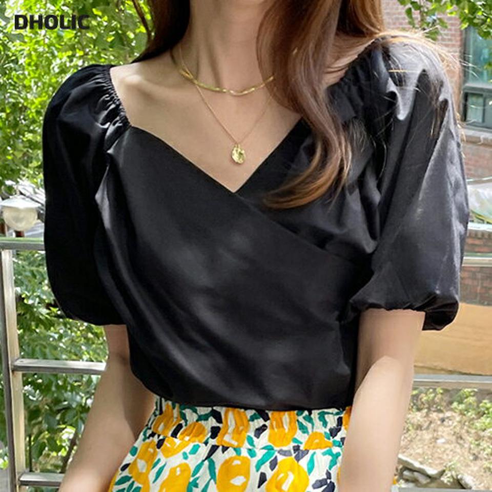 カシュクールパフスリーブブラウス・全4色・t00707 レディース 【bl】ブラウス トップス 半袖 単色 無地 カシュクール パフ袖 パフスリーブ クロップド丈 鎖骨 デコルテ ラップ風 春 夏 フェミニン 大人っぽ 韓国ファッション ハイホリHIHOLLI