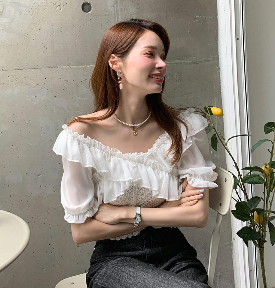 【10%OFF】2WAYフリルネットニット・全2色・t00739 レディース 【tops】トップス 半袖 ニット 柄 模様 フリル ネット 2WAY パフ 透け感 シアー 異素材 二の腕カバー オフショルダー 鎖骨 デコルテ 春 夏 ガーリー 韓国ファッション ハイホリHIHOLLI セール SALE