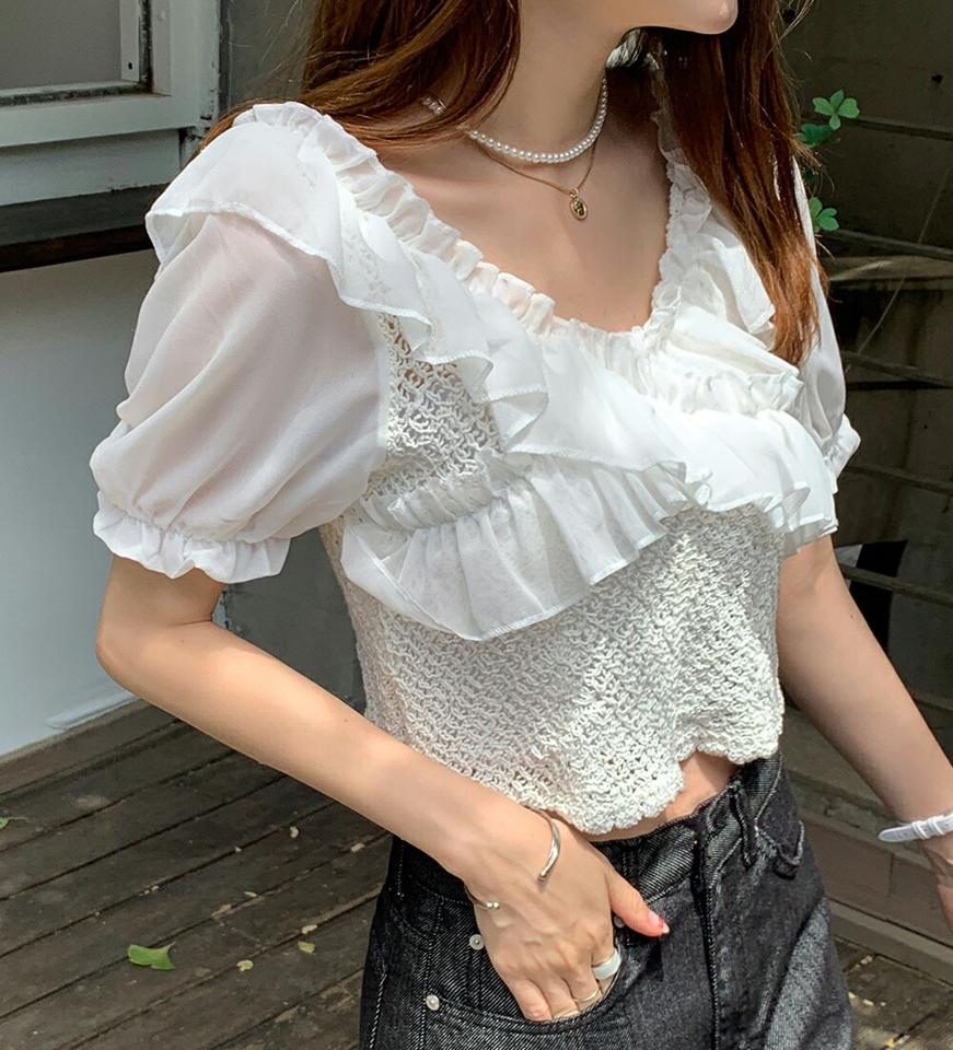 【10%OFF】2WAYフリルネットニット・全2色・t00739 レディース 【tops】トップス 半袖 ニット 柄 模様 フリル ネット 2WAY パフ 透け感 シアー 異素材 二の腕カバー オフショルダー 鎖骨 デコルテ 春 夏 ガーリー 韓国ファッション ハイホリHIHOLLI セール SALE