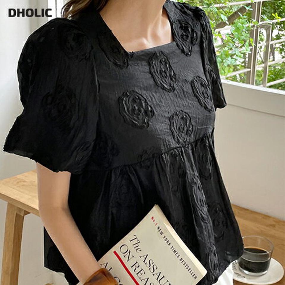 ローズ刺繍バルーンブラウス・全2色・b00709 レディース 【bl】ブラウス トップス 半袖 単色 柄 模様 刺繍 バルーン 体型カバー お腹カバー スクエアネック 鎖骨 デコルテ 二の腕カバー 春 夏 フェミニン ラブリー 韓国ファッション ハイホリHIHOLLI