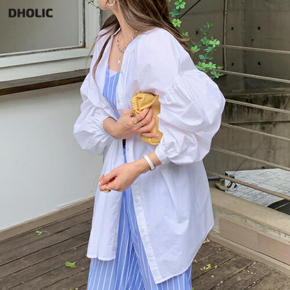 コットンパフスリーブロングブラウス・全2色・t00710 レディース 【bl】ブラウス シャツ 長袖 単色 無地 ベーシック ボタン パフスリーブ パフ袖 ロング丈 綿 コットン フレア 体型カバー ゆったり ルーズ 春 夏 韓国ファッション ハイホリHIHOLLI