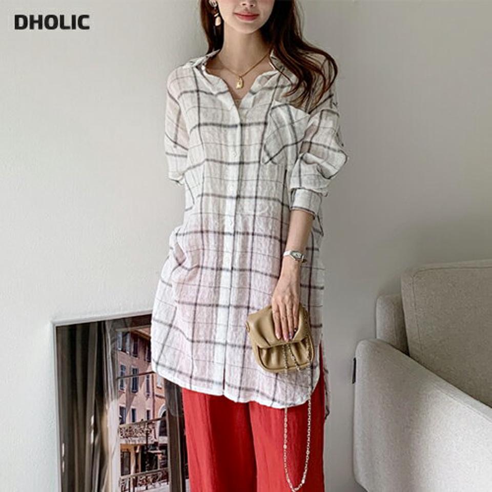 リネン混シースルーチェックロングシャツ・全2色・b00711 レディース 【bl】シャツ トップス 長袖 ロング丈 柄 模様 チェック シースルー シアー 透け感 体型カバー ゆったり 楽ちん リネン混 綿 春 夏 カジュアル 韓国ファッション ハイホリHIHOLLI
