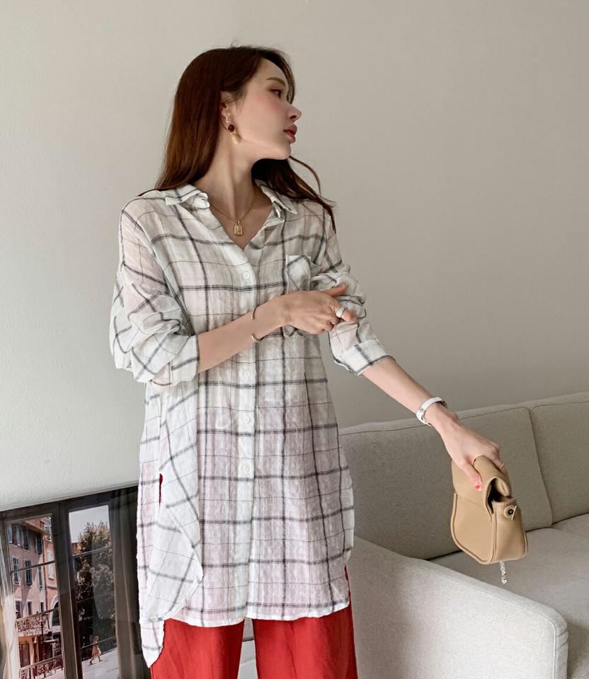 リネン混シースルーチェックロングシャツ・全2色・b00711 レディース 【bl】シャツ トップス 長袖 ロング丈 柄 模様 チェック シースルー シアー 透け感 体型カバー ゆったり 楽ちん リネン混 綿 春 夏 カジュアル 韓国ファッション ハイホリHIHOLLI