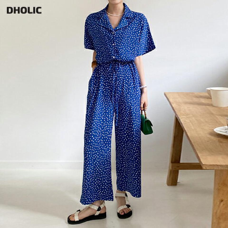 オープンカラードットオールインワン・全2色・b00713 レディース 【pt】オールインワン パンツ ロング丈 トップス 半袖 襟 ボタン 柄 模様 ドット 二の腕カバー Vネック 鎖骨 デコルテ ワイド 青 春 夏 ラブリー 韓国ファッション ハイホリHIHOLLI