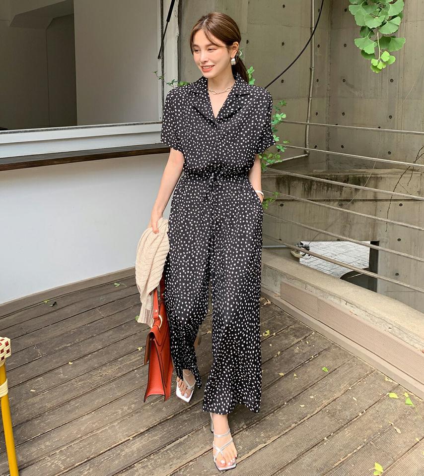 オープンカラードットオールインワン・全2色・b00713 レディース 【pt】オールインワン パンツ ロング丈 トップス 半袖 襟 ボタン 柄 模様 ドット 二の腕カバー Vネック 鎖骨 デコルテ ワイド 青 春 夏 ラブリー 韓国ファッション ハイホリHIHOLLI