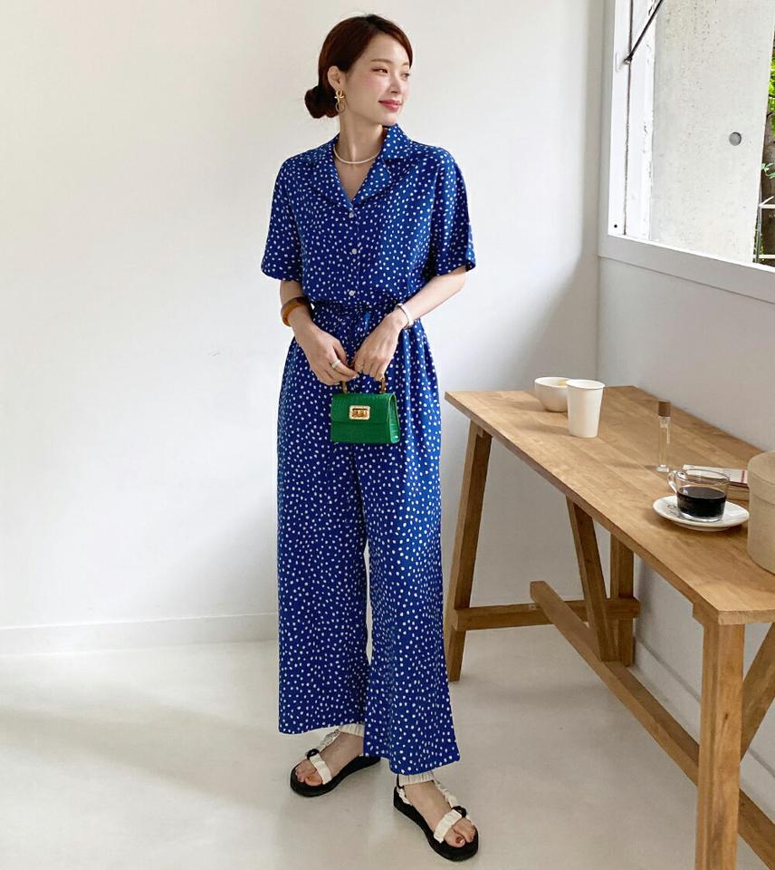 オープンカラードットオールインワン・全2色・b00713 レディース 【pt】オールインワン パンツ ロング丈 トップス 半袖 襟 ボタン 柄 模様 ドット 二の腕カバー Vネック 鎖骨 デコルテ ワイド 青 春 夏 ラブリー 韓国ファッション ハイホリHIHOLLI