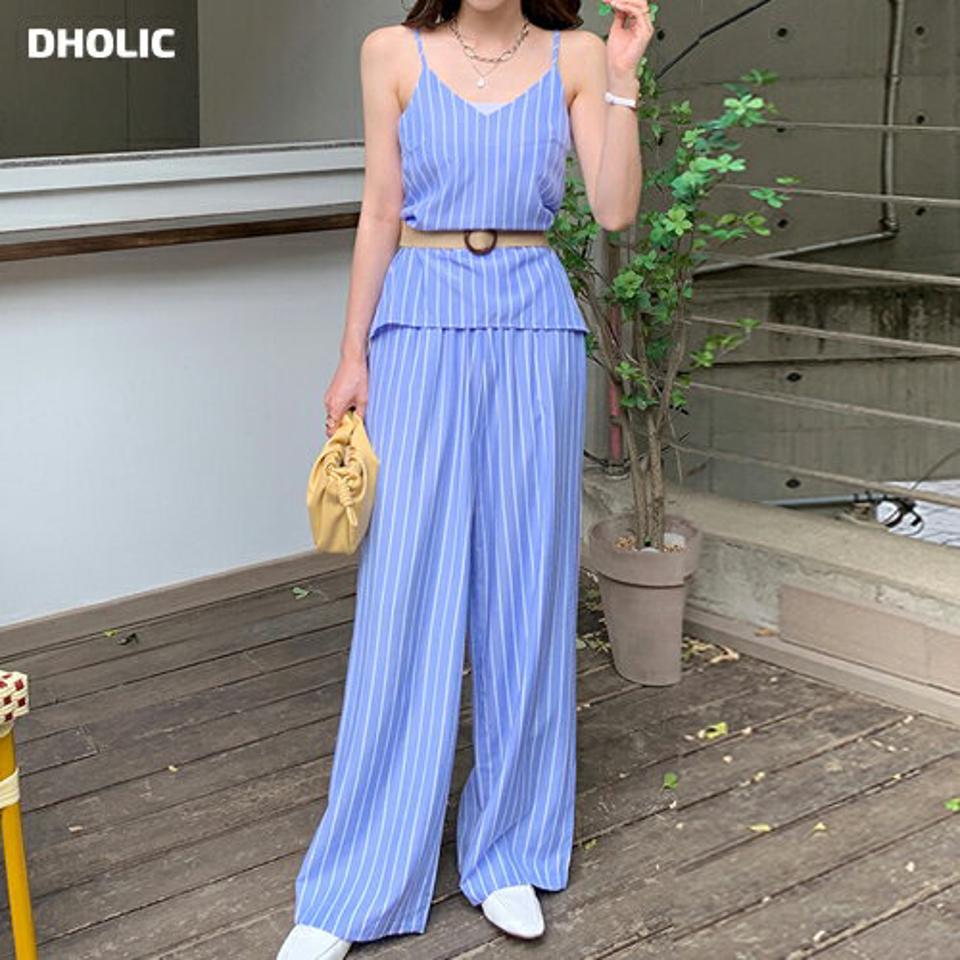 【10%OFF】ストライプリボンキャミソール&パンツSET・全3色・t00721 レディース 【pt】セット セットアップ setup パンツ ロング丈 楽ちん 体型カバー 柄 模様 ストライプ トップス キャミソール リボン 水色 鎖骨 春 夏 韓国ファッション ハイホリHIHOLLI セール SALE