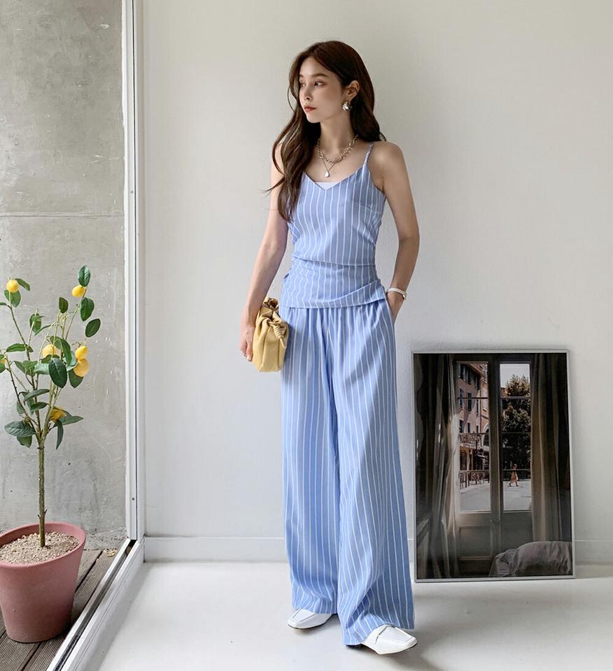 【10%OFF】ストライプリボンキャミソール&パンツSET・全3色・t00721 レディース 【pt】セット セットアップ setup パンツ ロング丈 楽ちん 体型カバー 柄 模様 ストライプ トップス キャミソール リボン 水色 鎖骨 春 夏 韓国ファッション ハイホリHIHOLLI セール SALE