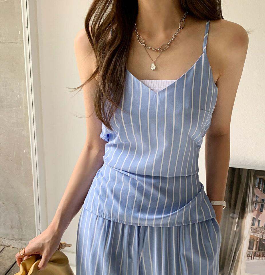 【10%OFF】ストライプリボンキャミソール&パンツSET・全3色・t00721 レディース 【pt】セット セットアップ setup パンツ ロング丈 楽ちん 体型カバー 柄 模様 ストライプ トップス キャミソール リボン 水色 鎖骨 春 夏 韓国ファッション ハイホリHIHOLLI セール SALE