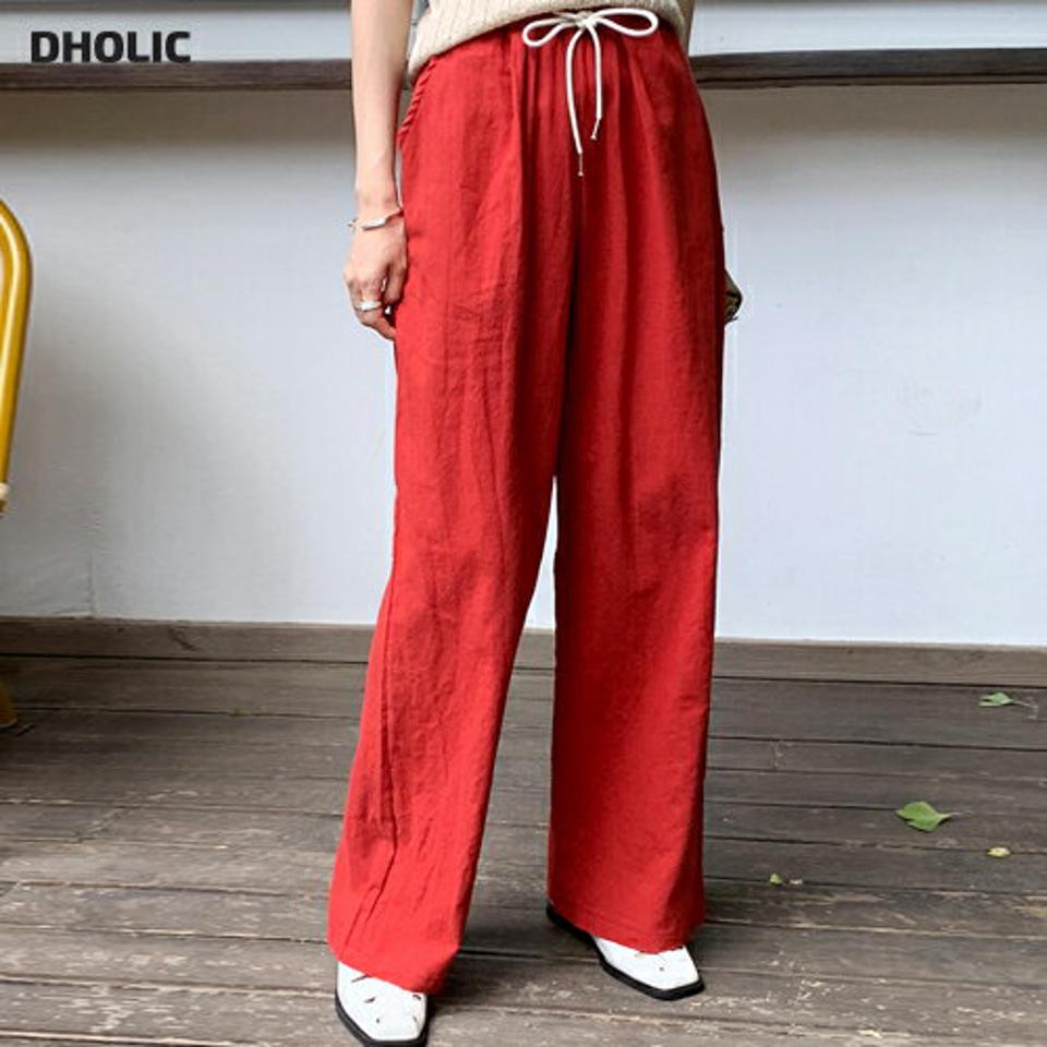 ドローストリングワイドパンツ・全4色・t00741 レディース 【pt】パンツ ロング丈 カラーパンツ ストリング ワイド リネン混 ハイウエスト ストレート ゆったり 楽ちん 体型カバー 春 夏 カジュアル 赤 韓国ファッション ハイホリHIHOLLI