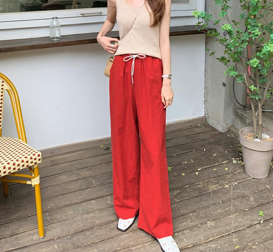 ドローストリングワイドパンツ・全4色・t00741 レディース 【pt】パンツ ロング丈 カラーパンツ ストリング ワイド リネン混 ハイウエスト ストレート ゆったり 楽ちん 体型カバー 春 夏 カジュアル 赤 韓国ファッション ハイホリHIHOLLI