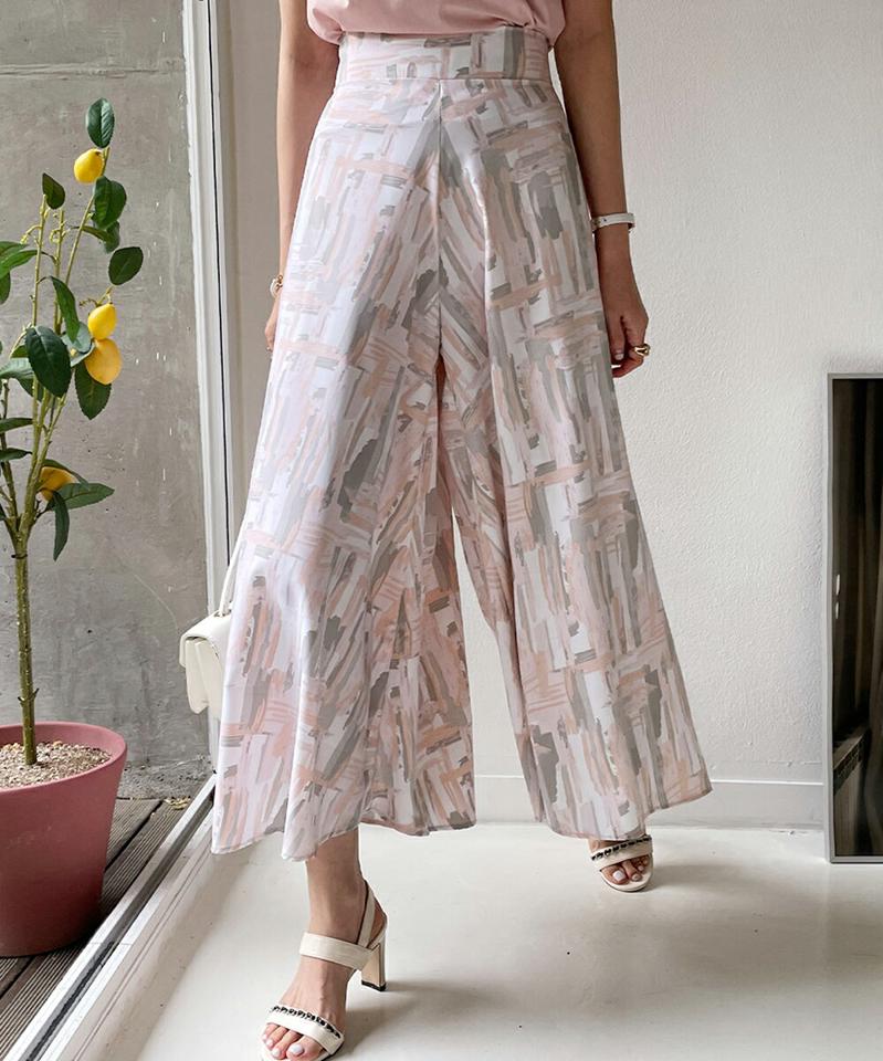 パターンフレアパンツ・全2色・b00727 レディース 【pt】パンツ ロング丈 フレア パステル 柄 模様 楽ちん 体型カバー ゆったり オフィスカジュアル ハイウエスト ワイド 春 夏 フェミニン 大人 アンティーク柄 水色 韓国ファッション ハイホリHIHOLLI