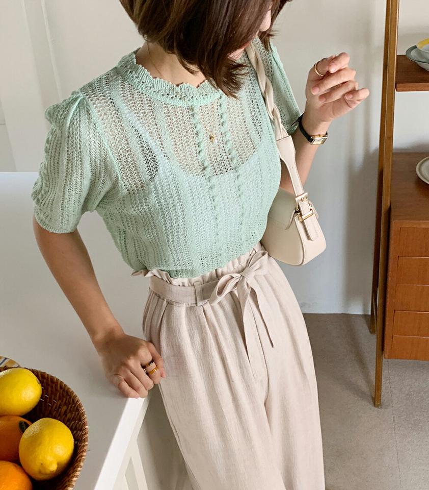 ポンポンライン半袖ニット・全6色・t66815 レディース 【tops】トップス ニット 半袖 ハーフスリーブ 透け感 シアー シースルー ポイント ユニーク カジュアル ラウンドネック ラフ 大人 クロップド丈 黄緑 グリーン 春 夏 サマーニット 韓国ファッション