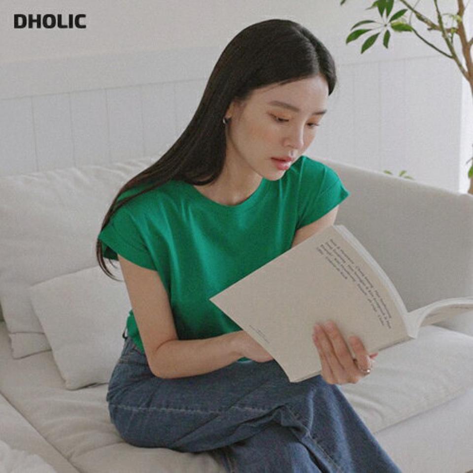 ロールアップスリーブTシャツ・全7色・b00356 レディース 【tops】トップス 半袖 Tシャツ 単色 無地 シンプル ベーシック ロールアップ パステル サイドスリット 春 夏 緑 コットン 綿 カジュアル 韓国ファッション ハイホリHIHOLLI