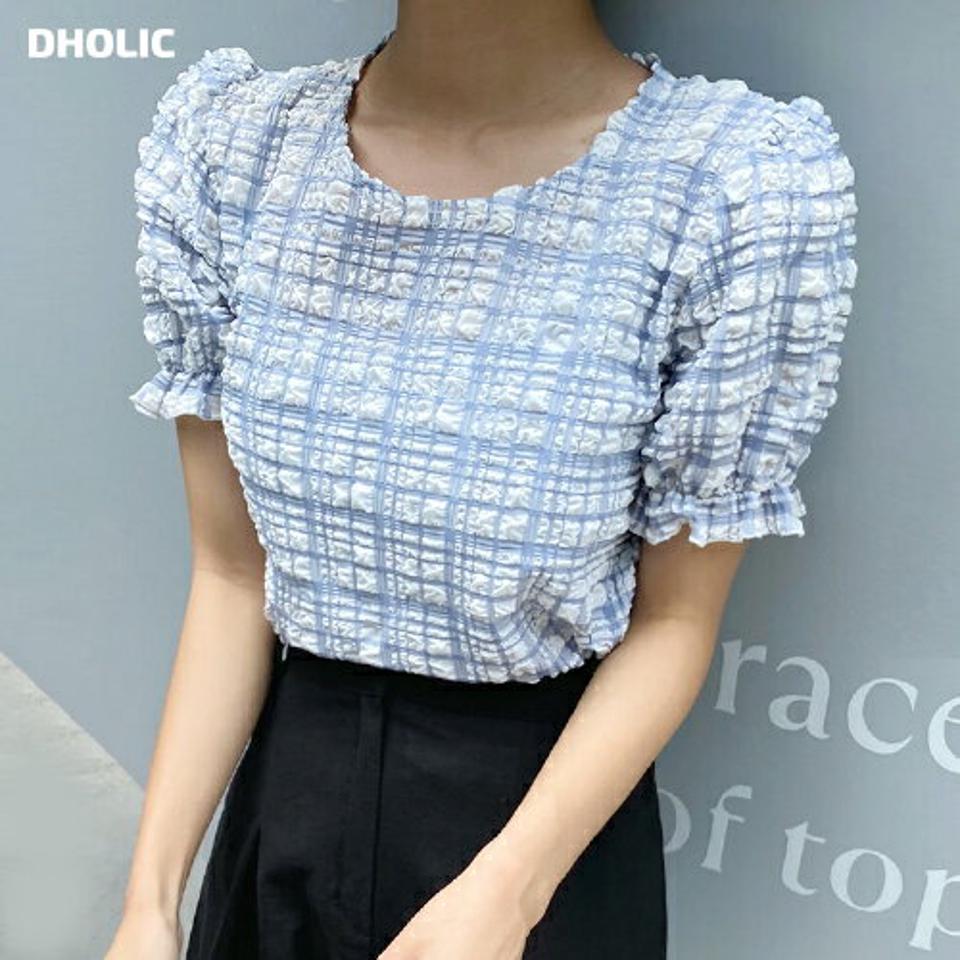 チェックリンクルパフブラウス・全3色・t67257 レディース 【bl】トップス ブラウス 半袖 リンクル エンボス チェック柄 ガーリー かわいい 可愛い ラウンドネック パフスリーブ パフ袖 パステル 水色 春 夏 韓国ファッション