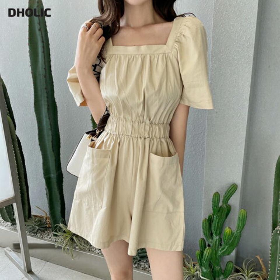 スクエアネックショートオールインワン・全2色・t67258 レディース 【pt】オールインワン パンツ ズボン ショートパンツ 半袖 スクエアネック デコルテ 鎖骨 単色 カジュアル シンプル ラフ 楽ちん ウエストゴム 春 夏 韓国ファッション